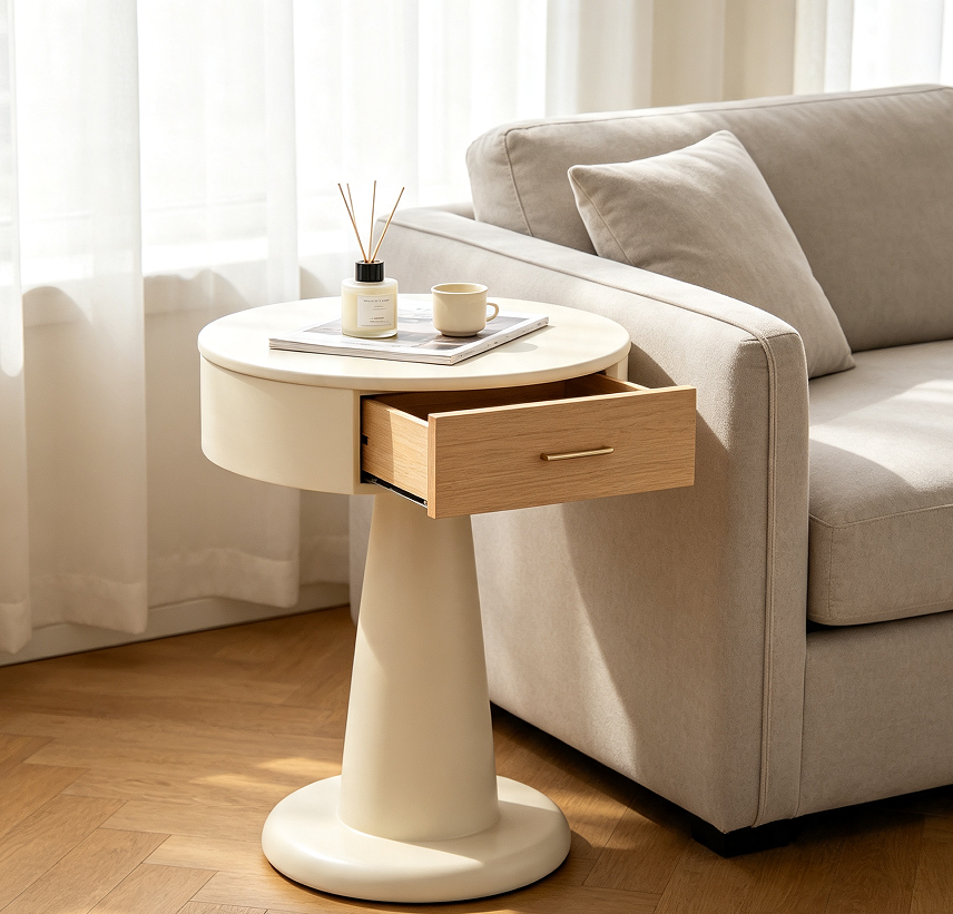 Elegant Round Sofa Side Table with Drawer